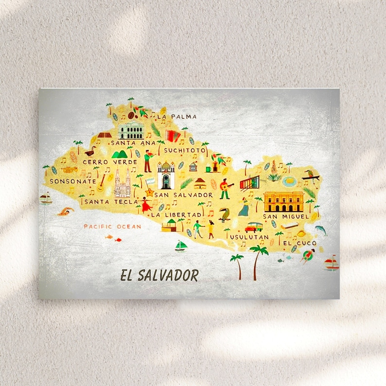 May include: A colorful illustrated map of El Salvador, showing the country's major cities and towns. The map is drawn in a cartoon style with various landmarks and symbols representing each location.