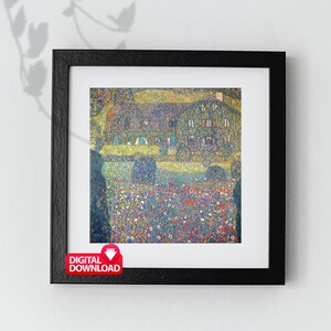 May include: A digital download of a painting depicting a house with a green roof and many windows, surrounded by a field of colorful flowers. The painting is in a black frame.