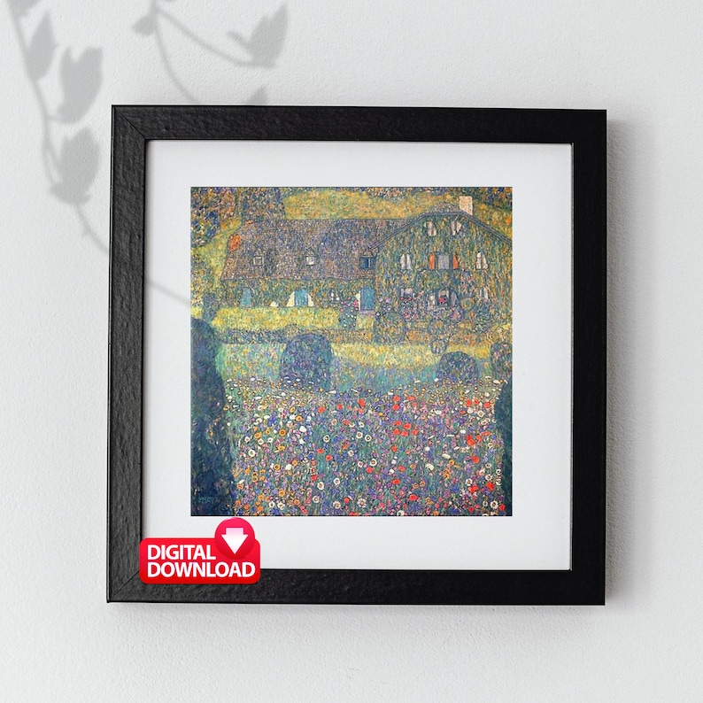 May include: A digital download of a painting depicting a house with a green roof and many windows, surrounded by a field of colorful flowers. The painting is in a black frame.