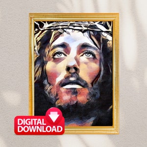 May include: A digital download of a painting depicting a close-up of Jesus Christ's face. He is wearing a crown of thorns and has a sorrowful expression. The painting is in a gold frame.