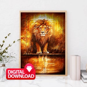 May include: A digital download of a painting featuring a lion standing on a wooden platform with a golden background. The lion has a mane and is looking directly at the viewer.