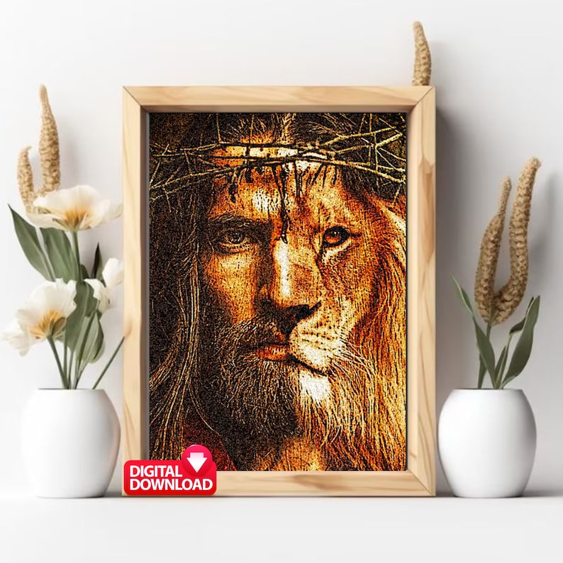 May include: A digital art print of a lion and Jesus Christ, with a crown of thorns, in a wooden frame. The image is in shades of gold and brown.