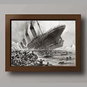 May include: A black and white illustration of the sinking of the Titanic. The ship is shown partially submerged in the water, with lifeboats and people in the water around it.