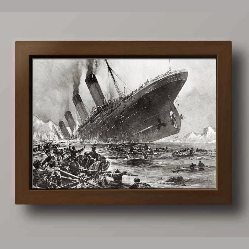 May include: A black and white illustration of the sinking of the Titanic. The ship is shown partially submerged in the water, with lifeboats and people in the water around it.