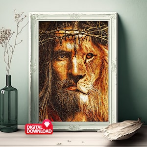 May include: A digital art print of a lion and Jesus Christ. The image is a blend of the two faces, with the lion's mane and Jesus's beard and crown of thorns. The image is in shades of gold and brown.