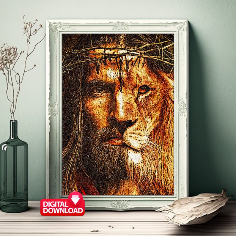 May include: A digital art print of a lion and Jesus Christ. The image is a blend of the two faces, with the lion's mane and Jesus's beard and crown of thorns. The image is in shades of gold and brown.