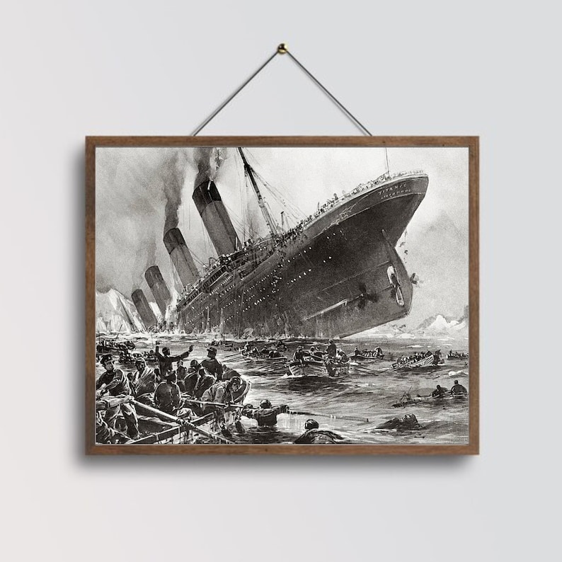 May include: A black and white illustration of the RMS Titanic sinking with people in lifeboats in the water.