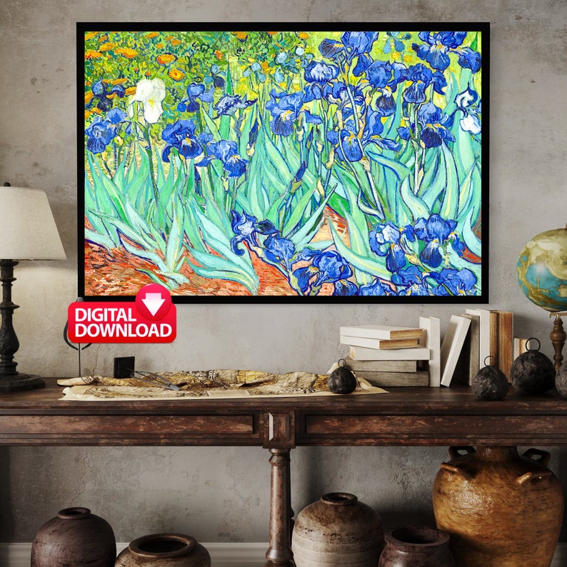 May include: A digital download of a painting of blue irises with green leaves and a white iris in the background. The painting is in a style reminiscent of Vincent van Gogh.