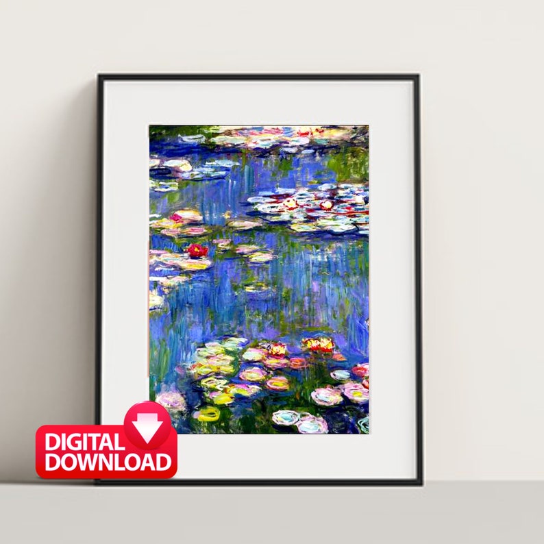 May include: A digital download of a painting of water lilies in a pond. The water lilies are pink, white, and yellow. The water is blue and green. The painting is in a black frame.