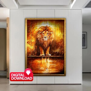 May include: A digital painting of a lion standing on a wooden platform with a golden glow. The lion has a mane of golden brown fur and is looking directly at the viewer.