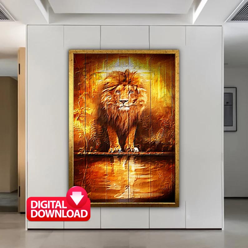 May include: A digital painting of a lion standing on a wooden platform with a golden glow. The lion has a mane of golden brown fur and is looking directly at the viewer.