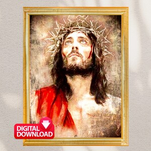 Op de afbeelding: Een digitale schildering van Jezus Christus met een doornenkroon. De schildering is in een verweerde stijl met een rood en gouden kleurenschema.