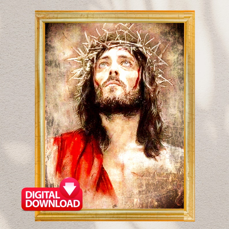 Op de afbeelding: Een digitale schildering van Jezus Christus met een doornenkroon. De schildering is in een verweerde stijl met een rood en gouden kleurenschema.