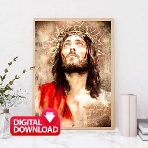 Op de afbeelding: Een digitale download van een schilderij dat Jezus Christus afbeeldt met een doornenkroon. Het schilderij is in vintage stijl met een rood, bruin en wit kleurenschema.