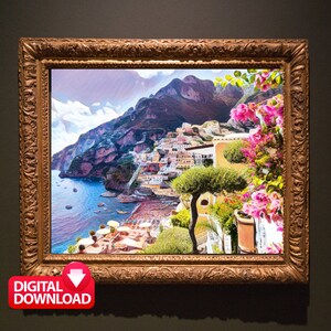 Printable Amalfi Coast Rome Italy Art Print, Italian Landscape Above Couch Wall Art, Amalfi Coast Painting, Amalfi Coast Gifts
