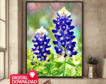 Texas Bluebonnet-målning: Väggkonst med vilda blommor (digitalt tryck)