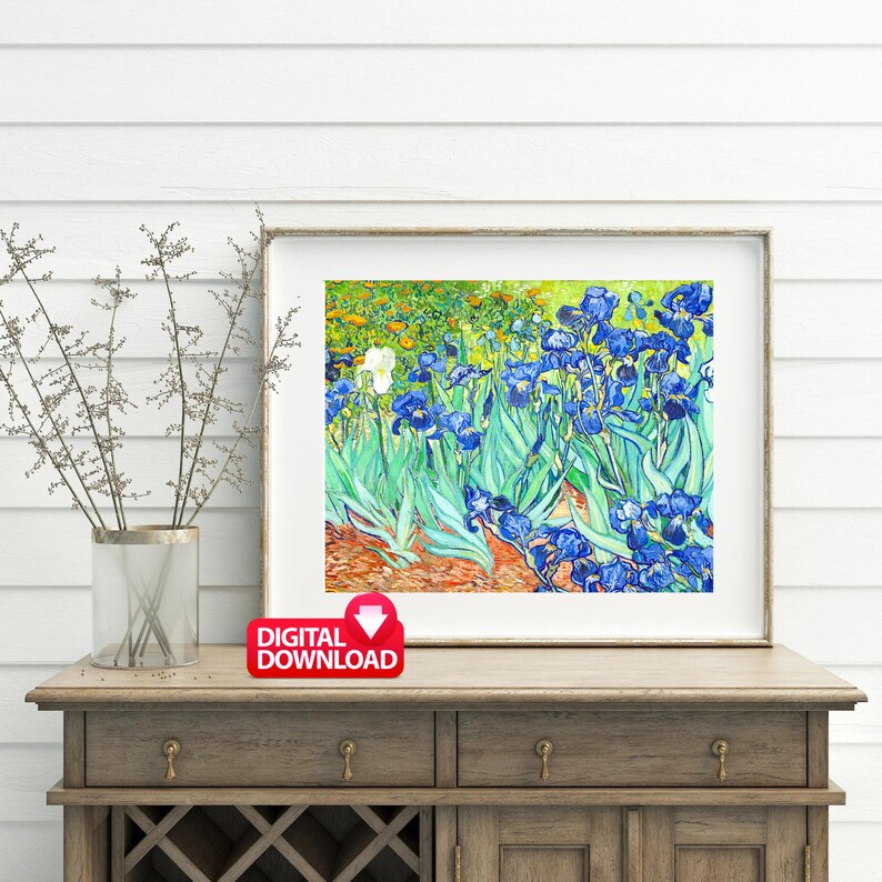 May include: A digital download of a painting of blue irises with green leaves and a white iris in the background. The painting is in a style reminiscent of Vincent van Gogh.