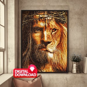 Lion of Judah Wall Art Digital Download, Painting of Jesus and Lion, Jesus Picture, Modern Christian Art, Jesus Christ Art Poster