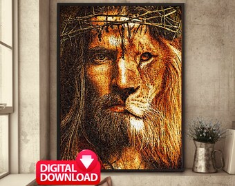 Lion of Judah Wall Art Digital Download, Painting of Jesus and Lion, Jesus Picture, Modern Christian Art, Jesus Christ Art Poster