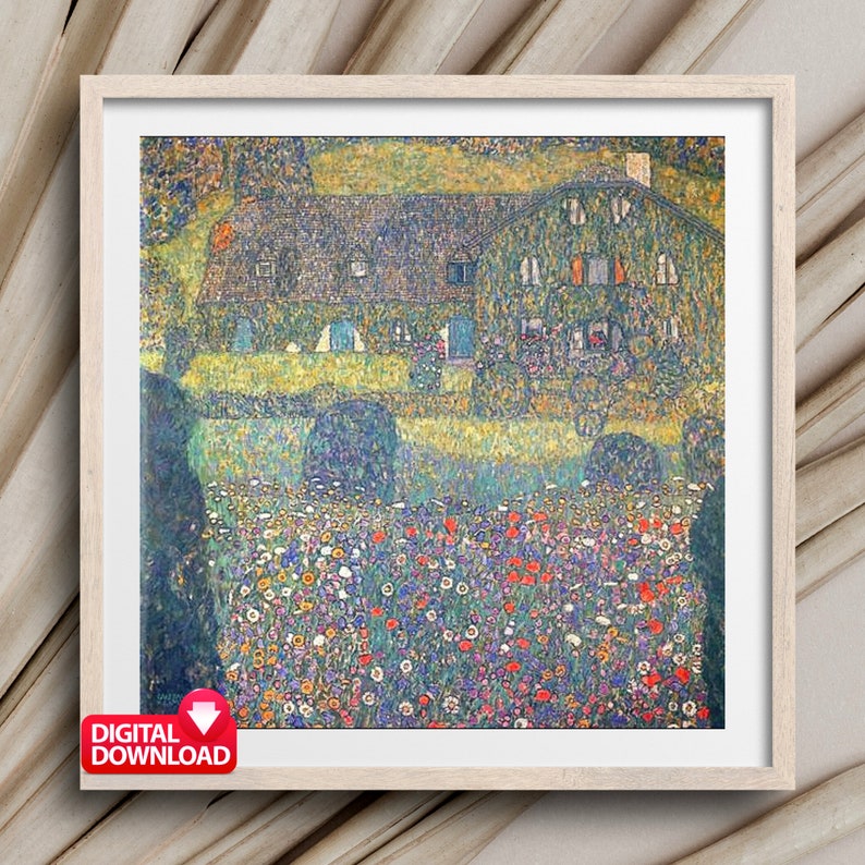 May include: A painting of a house with a green roof and a field of flowers in front of it. The house is surrounded by trees and the flowers are in various shades of red, pink, yellow, and white.