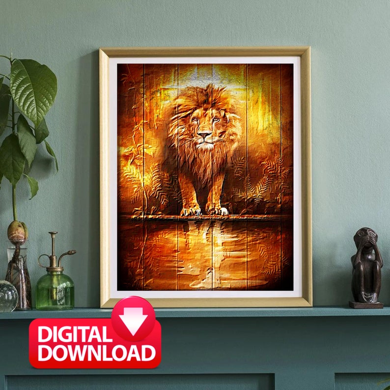 May include: A digital painting of a lion standing on a wooden platform with a golden background. The lion has a mane of golden brown fur and is looking directly at the viewer.
