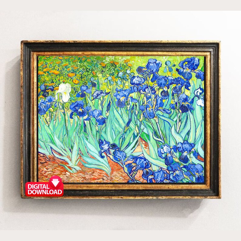 May include: A framed painting of a field of blue irises with white irises in the background. The painting is done in a style reminiscent of Vincent van Gogh.