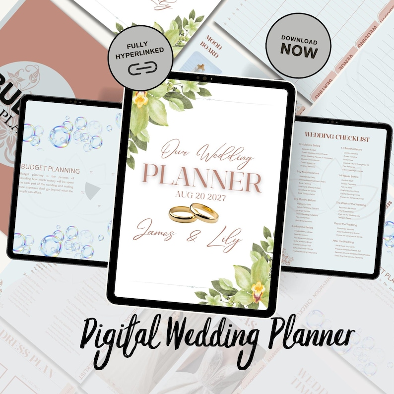 K&ouml;nnte beinhalten: Drei digitale Tablets mit einem Hochzeitsplaner. Das zentrale Tablet zeigt "Our Wedding Planner" mit dem Datum "AUG 20 2027" und den Namen "James & Lily". Blumenschmuck und goldene Ringe sind ebenfalls zu sehen. Der Text "Digital Wedding Planner" ist unten.