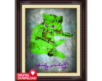 額装済/Green Cat/アンディ ウォーホル/アート/ポスター/インテリア アンディ・ウォーホルの猫のアートプリント：ヴィンテージポップアート