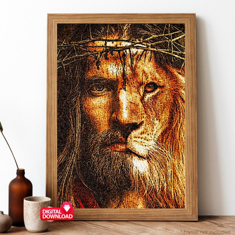 May include: A digital art print of a lion with a crown of thorns, depicting Jesus Christ. The image is in shades of gold and brown, with a textured, pixelated effect.