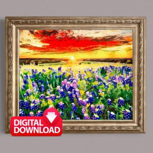 Texas Bluebonnet Painting Printable, Sunset on Sugar Ridge Road, Bluebonnet Digital Download, Bluebonnet Picture Wall Art, Sunset Painting