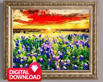 Texas Bluebonnet-solnedgångsmålning: Sugar Ridge Road-konst (digital nedladdning)