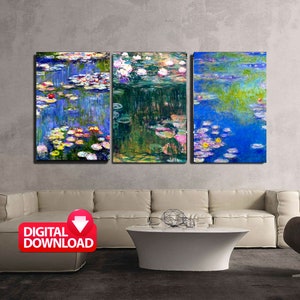 May include: A three-panel digital art print of a painting of water lilies. The panels feature a blue, green, and white color scheme with water lilies and lily pads floating on the water.