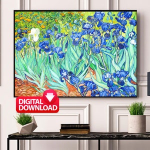 May include: A painting of a field of blue irises with green leaves and a white iris in the background. The painting is done in a style reminiscent of Vincent van Gogh.