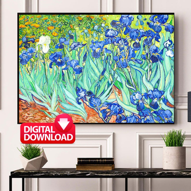May include: A painting of a field of blue irises with green leaves and a white iris in the background. The painting is done in a style reminiscent of Vincent van Gogh.