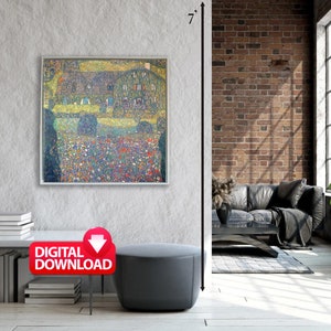 May include: A digital download of a painting depicting a house with a green roof and a field of flowers in the foreground. The painting is in a white frame and is hanging on a white wall. The painting is 7 inches tall.