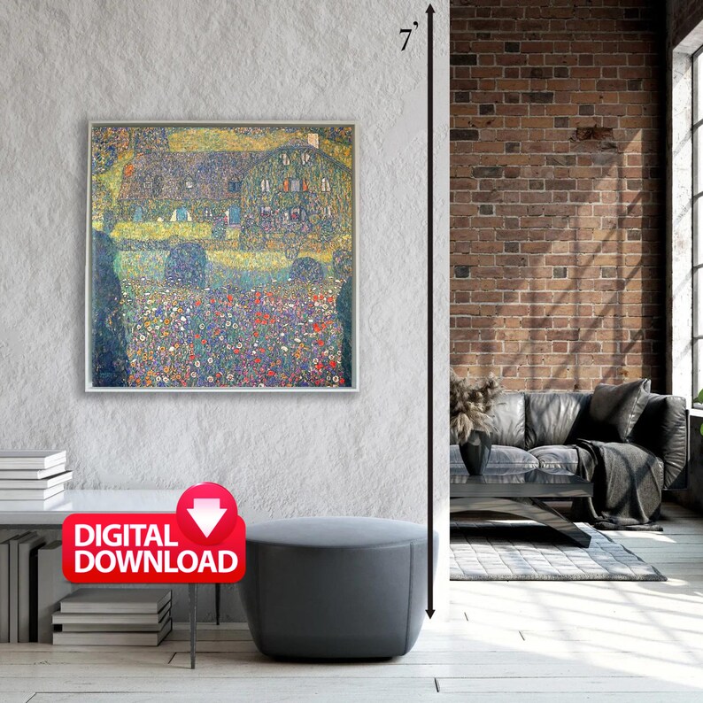May include: A digital download of a painting depicting a house with a green roof and a field of flowers in the foreground. The painting is in a white frame and is hanging on a white wall. The painting is 7 inches tall.