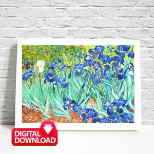 May include: A painting of a field of blue and white irises with green leaves. The painting is done in a style reminiscent of Vincent van Gogh.