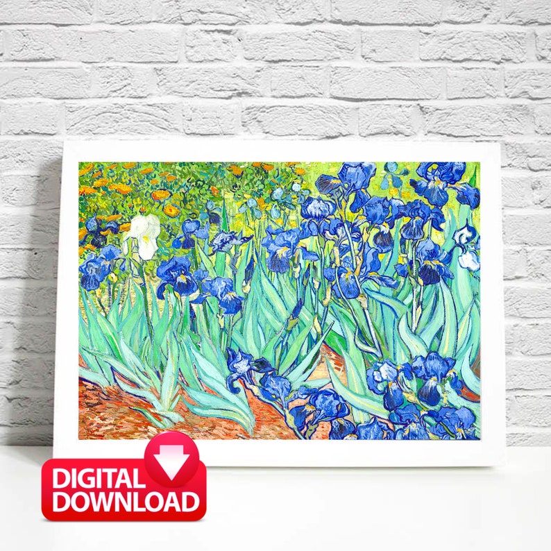 May include: A painting of a field of blue and white irises with green leaves. The painting is done in a style reminiscent of Vincent van Gogh.