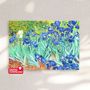 May include: A painting of a field of blue irises with green leaves and a few white flowers. The painting is done in a style reminiscent of Vincent van Gogh.