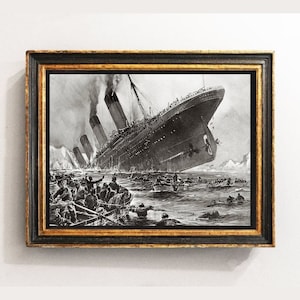 May include: A black and white illustration of the RMS Titanic sinking. The ship is partially submerged in the water, with lifeboats and people in the water around it. The ship's name, "Titanic", is visible on the side of the ship.