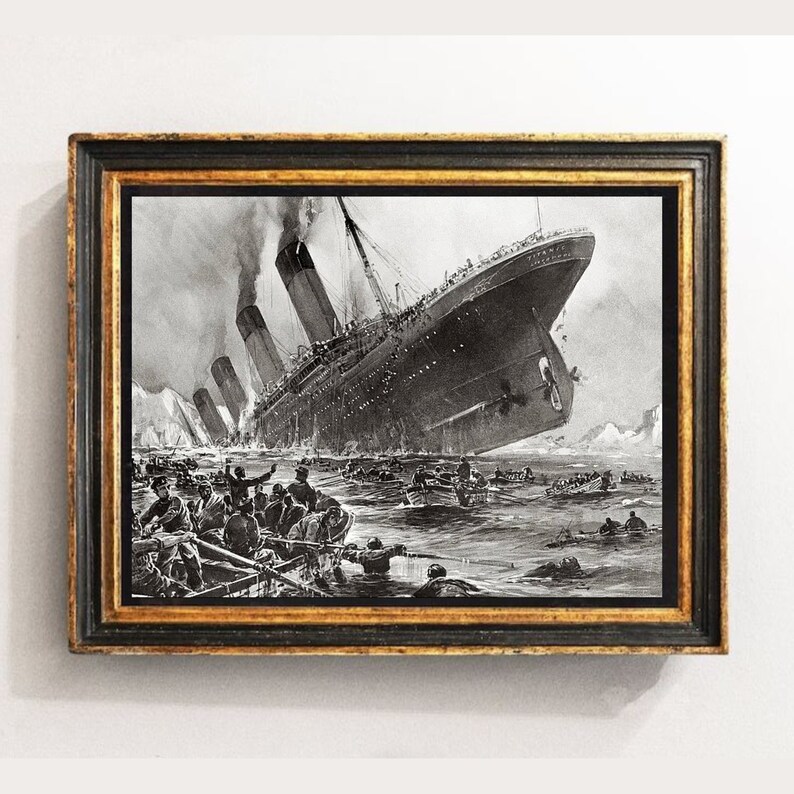 May include: A black and white illustration of the RMS Titanic sinking. The ship is partially submerged in the water, with lifeboats and people in the water around it. The ship's name, "Titanic", is visible on the side of the ship.