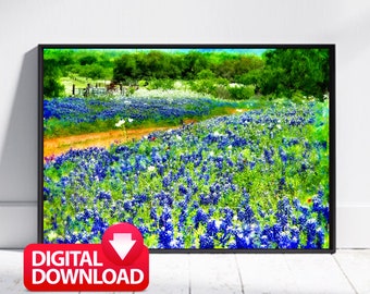 Texas Bluebonnet Field Painting: Kulllandskap (digital nedladdning)