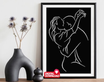 Abstraktes Paar Kuss Linie Kunstdruck: Minimalistische Liebeszeichnung (Digitaler Download)