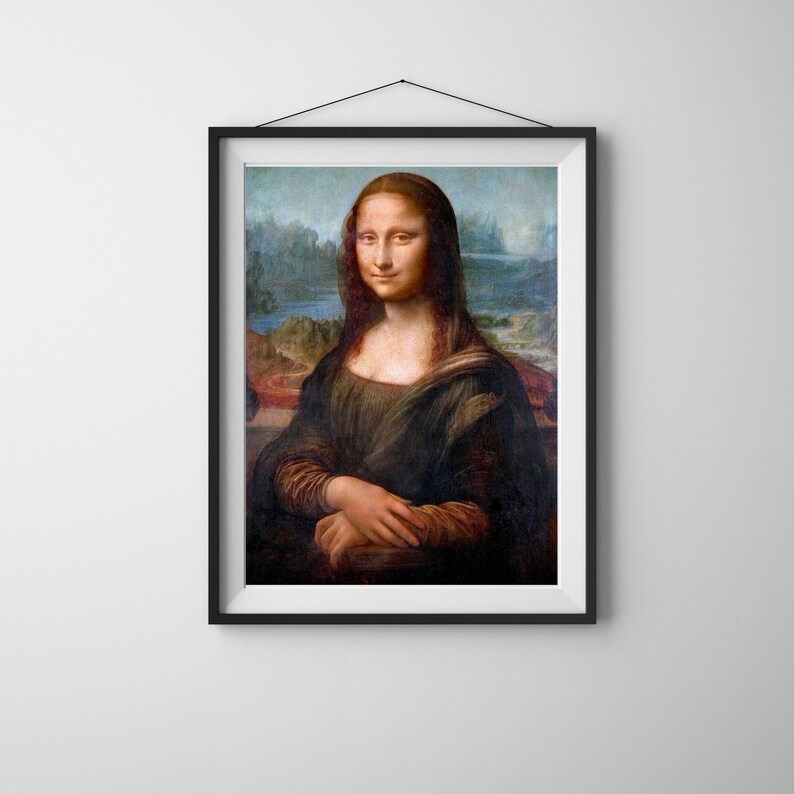 May include: A framed painting of the Mona Lisa, a famous portrait by Leonardo da Vinci. The painting depicts a woman with a soft smile, wearing a dark dress and a light background.