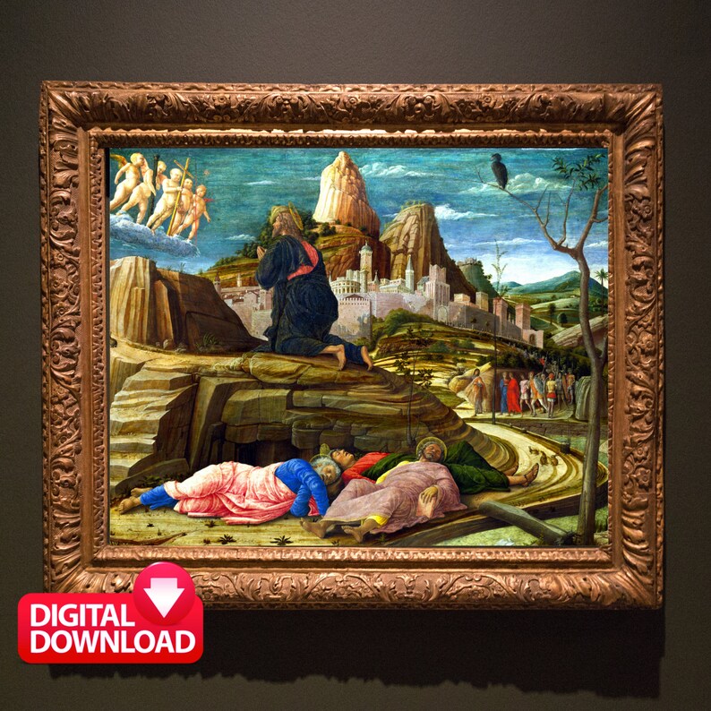 May include: A painting depicting a scene from the Bible, with a man kneeling in prayer in the foreground. The man is surrounded by a rocky landscape and a city in the distance. The painting is framed in an ornate gold frame.