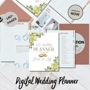 K&ouml;nnte beinhalten: Ein digitaler Hochzeitsplaner mit floralem Design, mit dem Text "Our Wedding Planner" und "James & Lily". Der Planer enth&auml;lt Abschnitte f&uuml;r Budgetplanung, Checklisten und Moodboards. Das Bild enth&auml;lt auch den Text "140+ PAGES" und "Download Now."