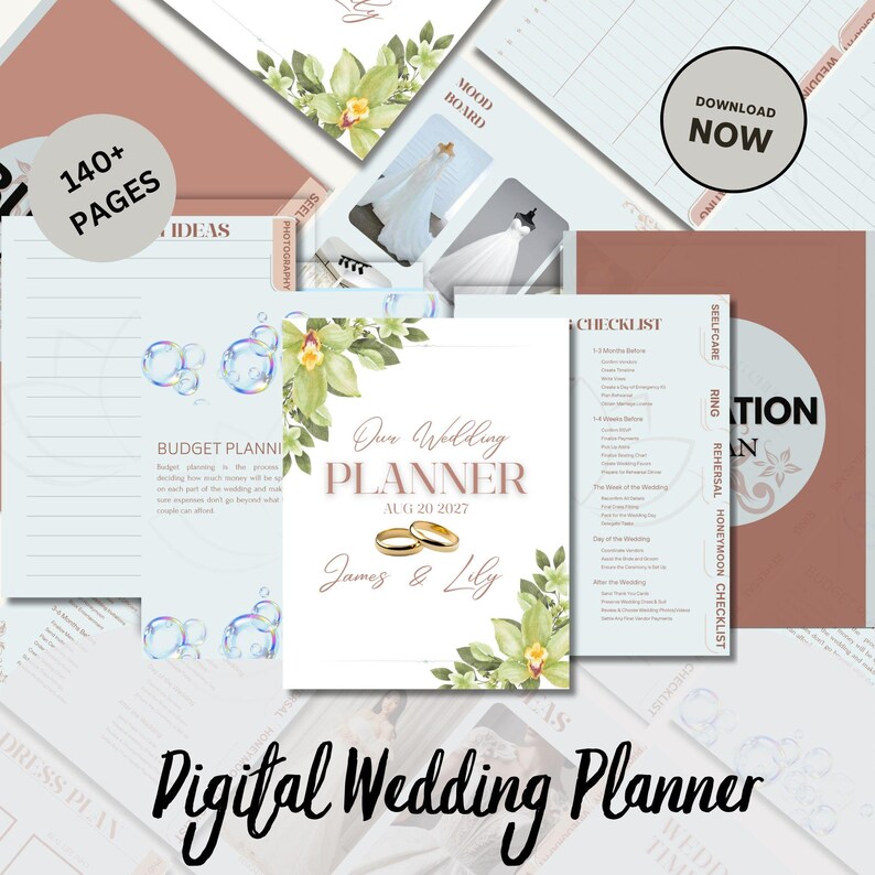 K&ouml;nnte beinhalten: Ein digitaler Hochzeitsplaner mit floralem Design, mit dem Text "Our Wedding Planner" und "James & Lily". Der Planer enth&auml;lt Abschnitte f&uuml;r Budgetplanung, Checklisten und Moodboards. Das Bild enth&auml;lt auch den Text "140+ PAGES" und "Download Now."
