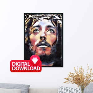 May include: A digital download of a painting depicting a man with a crown of thorns, looking upwards. The painting is done in a colorful, abstract style.