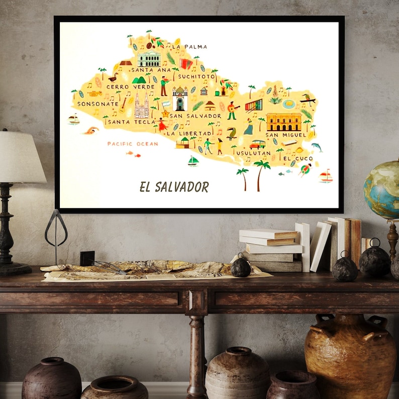 May include: A colorful illustrated map of El Salvador with the names of major cities and towns, including San Salvador, Santa Ana, and San Miguel. The map is on a yellow background with a white border.