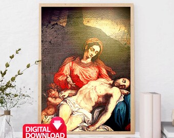 Druckbares Gemälde der Jungfrau Maria und des toten Jesus, Mutter Maria Druck (Digitaler Download)